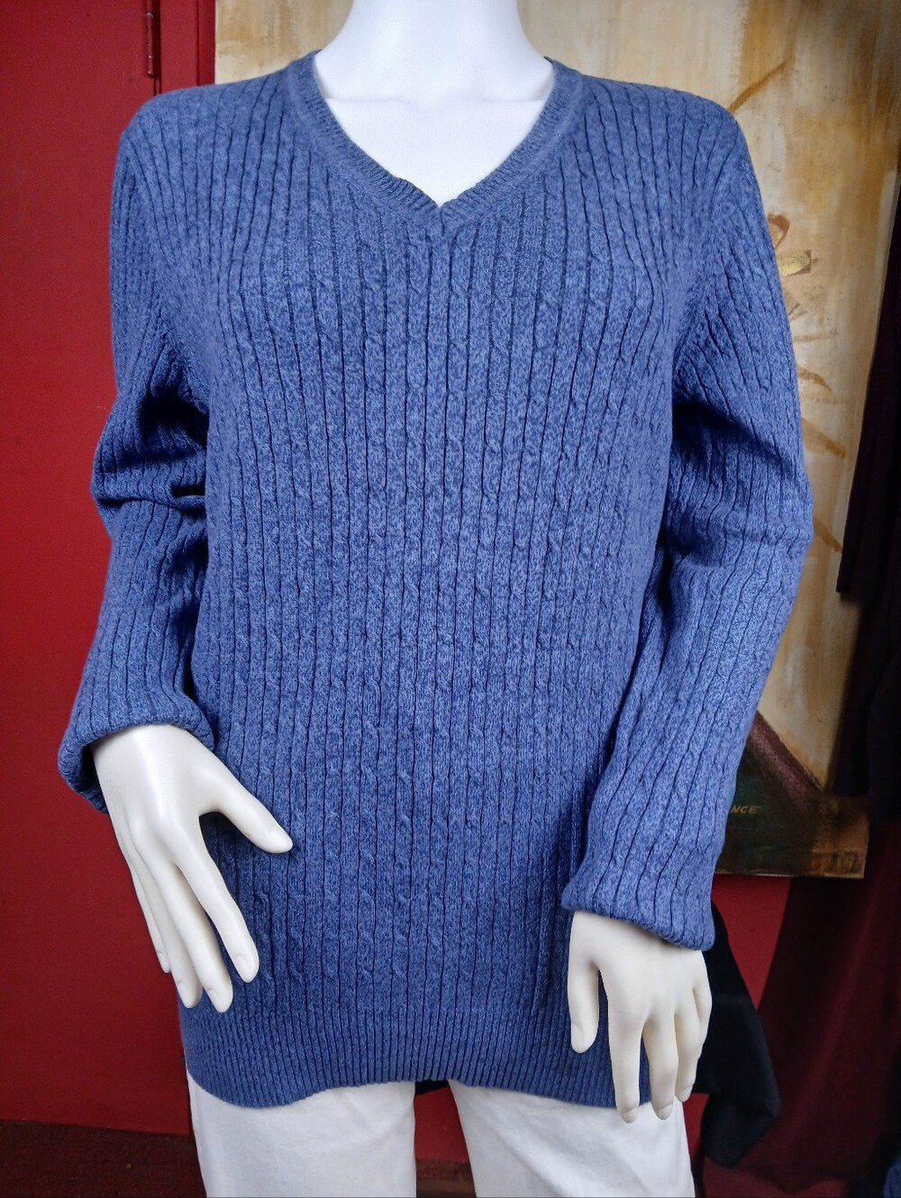 Kim Rogers Blue Cable Knit V-Neck Cotton Pullover Sweater Medium